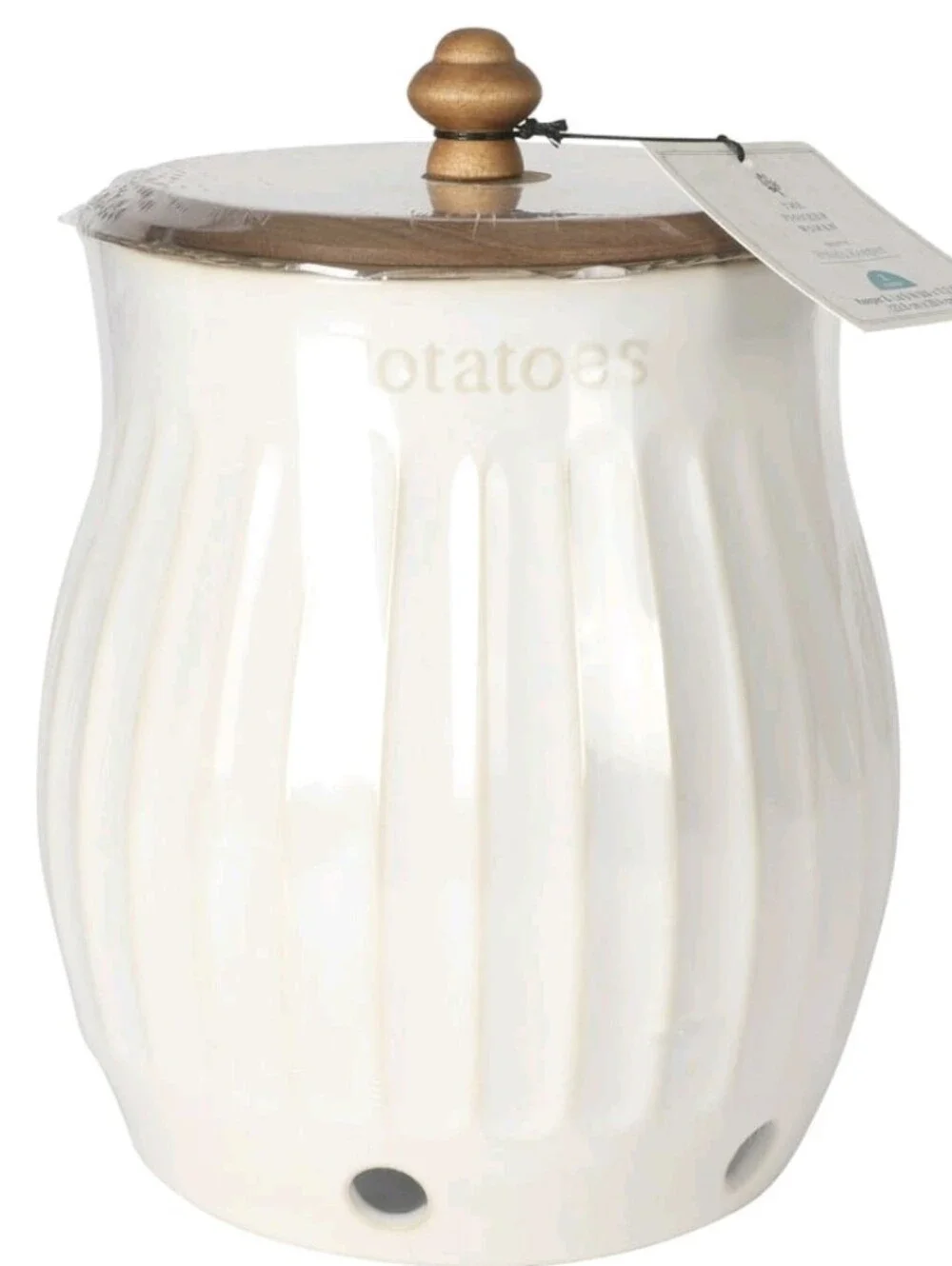 ❤️ New The Pioneer Woman Colette Potato Keeper Cream Ceramic With Wooden Lid